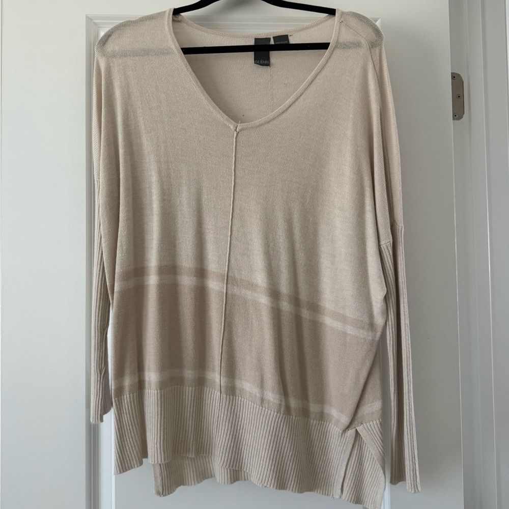 Quinn Tan and Brown Striped V Neck Sweater with Ribbed Sleeves